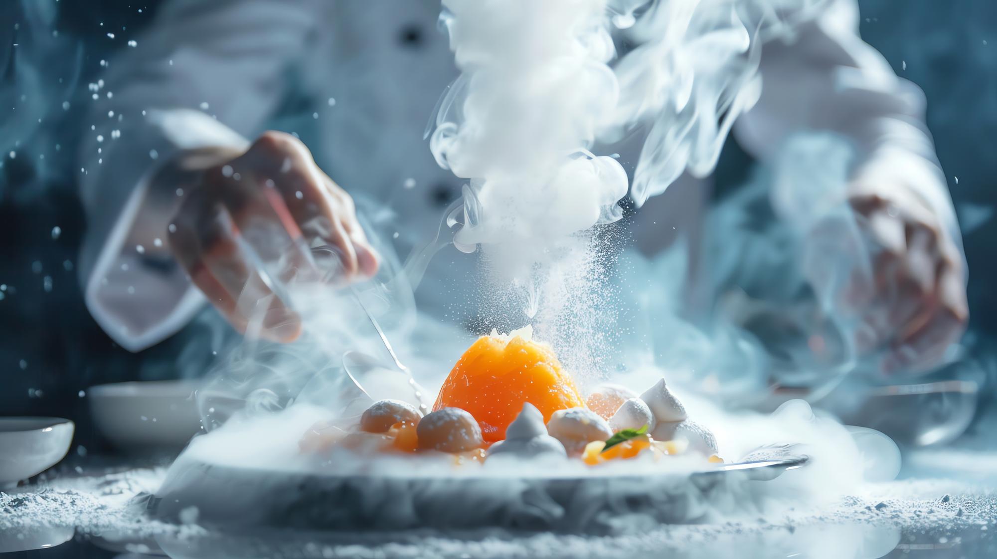 Instructor plating a futuristic dish with molecular garnish
